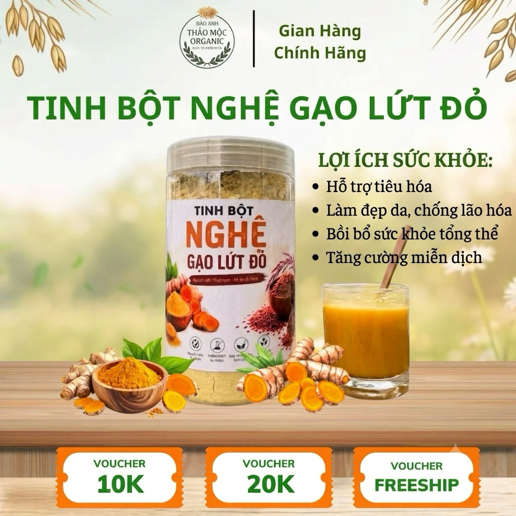 Tinh Bột Nghệ Gạo Lứt Đỏ Thân Thiện Hệ Tiêu Hoá Hũ 500g - Thảo Mộc Organic