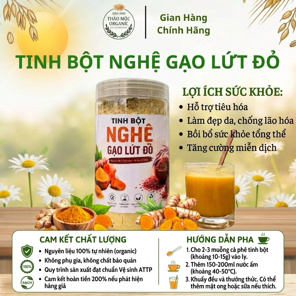Tinh Bột Nghệ Gạo Lứt Đỏ Thân Thiện Hệ Tiêu Hoá Hũ 500g - Thảo Mộc Organic