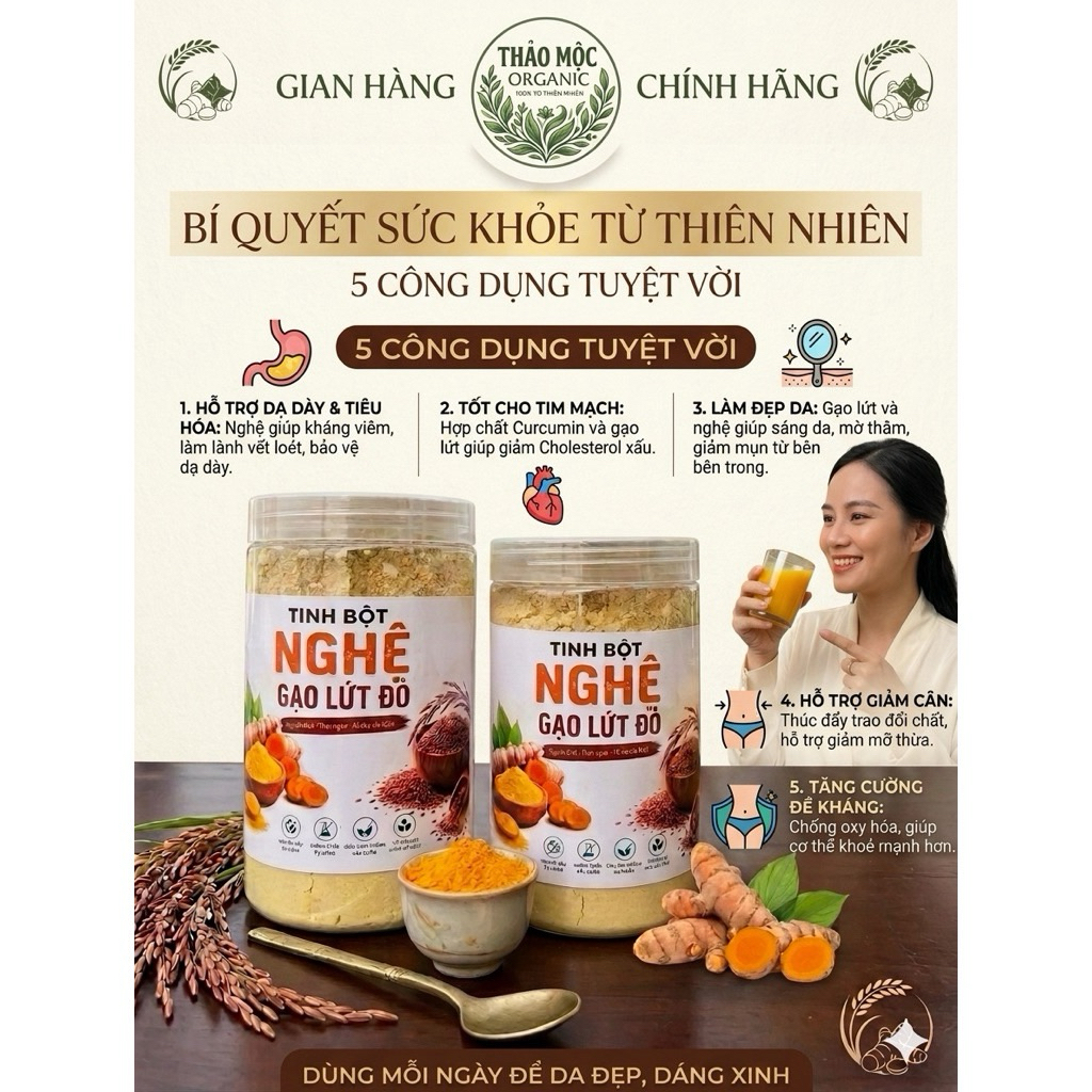 Tinh Bột Nghệ Gạo Lứt Đỏ Thân Thiện Hệ Tiêu Hoá Hũ 500g - Thảo Mộc Organic