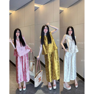 Sét áo gấm lụa hồ điệp sát nách tay bèo + quần baggy ống thụng