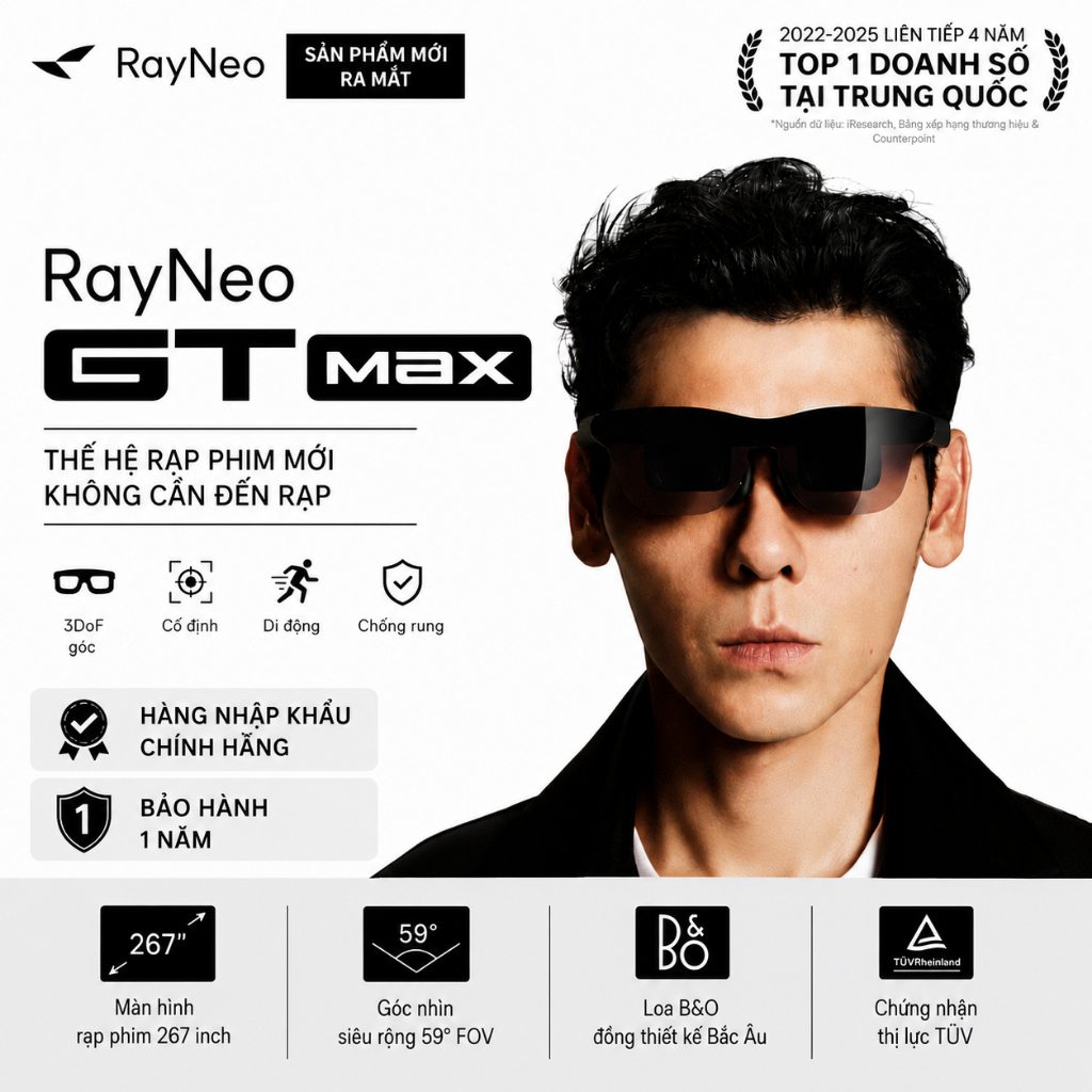 Kính AR RayNeo GT MAX Bản quốc tế | Dolby Vision | 3DoF | FOV 59 độ | Loa B&O | BH 1 năm