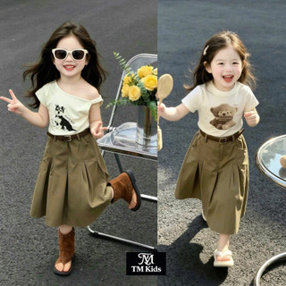 <TẶNG ĐAI> Đồ bộ bé gái, Set đồ bé gai, Áo thun lệch vai cotton mix chân váy kaki dài Hàn Quốc 10-35kg Candy Kids