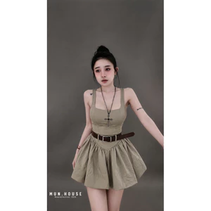 Đầm Kaki cổ vuông chân xèo nữ tính