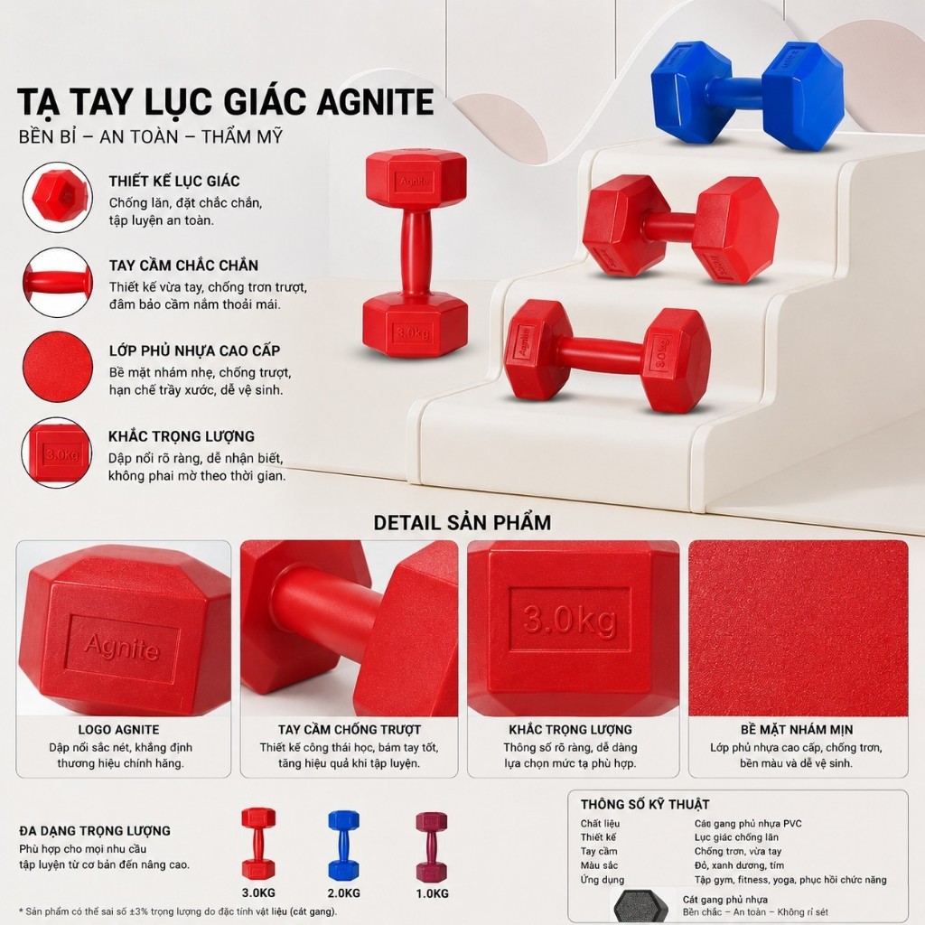 Tạ tay AGNITE 1KG 2KG 3KG Nam Nữ Chuyên Thể Dục Bọc Nhựa Cao Cấp Chống Xước Chống Vỡ Sàn Nhà