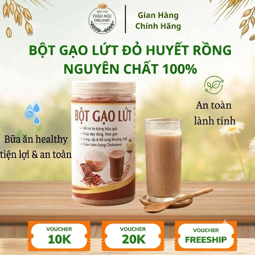 Bột Gạo Lứt Đỏ Huyết Rồng nguyên Chất Hũ 500g - Thảo Mộc Organic cho người bận rộn
