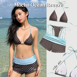 NUNG NIU - Sẵn xanh Xs, Set bikini 3 món chấm bi phối hạt trendy MỚI