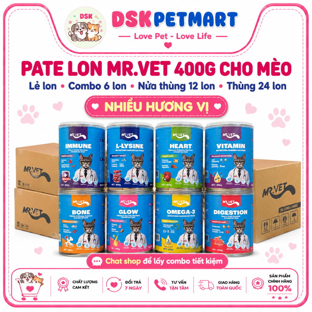 [Combo 12 Lon]Pate Dành Cho Mèo Mr.Vet Lon 400gr Pate Mix Vị Mèo Con & Mèo Lớn Hỗ Trợ Tiêu Hóa