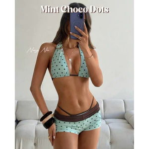 NUNG NIU - Bộ Bikini 3 Món Xanh Mint Chấm Bi Trendy Mùa Hè 2026