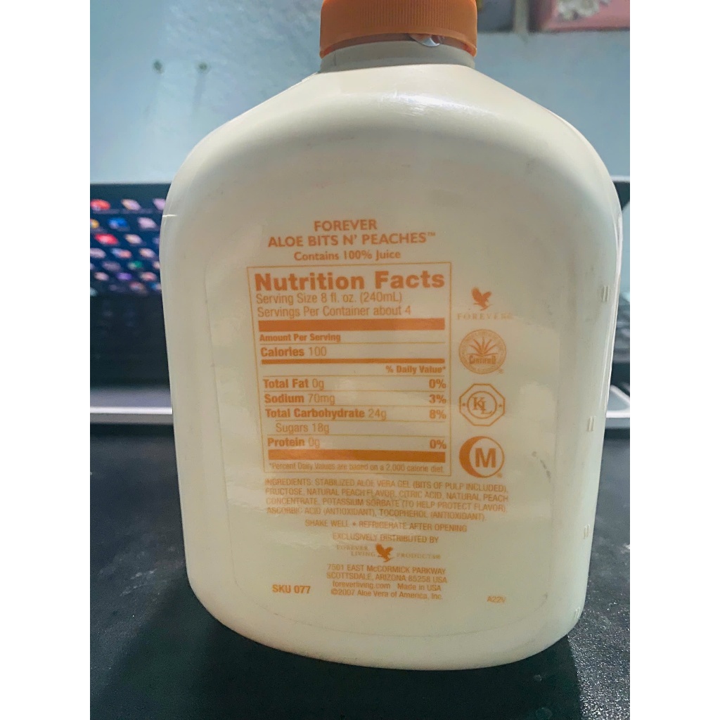 Bình nước uống dinh dưỡng 077 Nước uống DD Forever Aloe Bits N Peaches date 2/2027