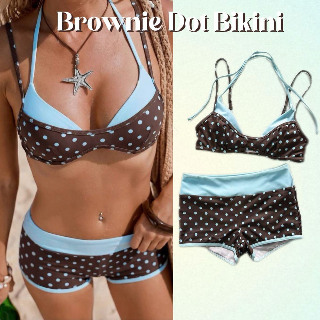 NUNG NIU - Set Bikini Chấm Bi Nâu Phối Xanh Mẫu Mới (Sẵn mút)