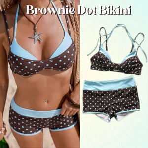 NUNG NIU -Sẵn L Set Bikini Chấm Bi Nâu Phối Xanh Mẫu Mới (Sẵn mút)