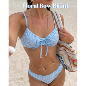 NUNG NIU - Bikini Hoa Nhí Xanh Baby Nơ Ngực 2 Mảnh Nâng Ngực Đi Biển