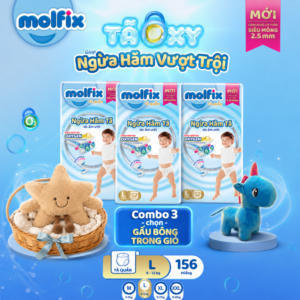 [Chọn GẤU BÔNG trong giỏ hàng] Combo 3 Tã/bỉm quần Molfix Oxy Super Jumbo giúp Ngừa Hăm Tã đủ size M,L,XL,XXL