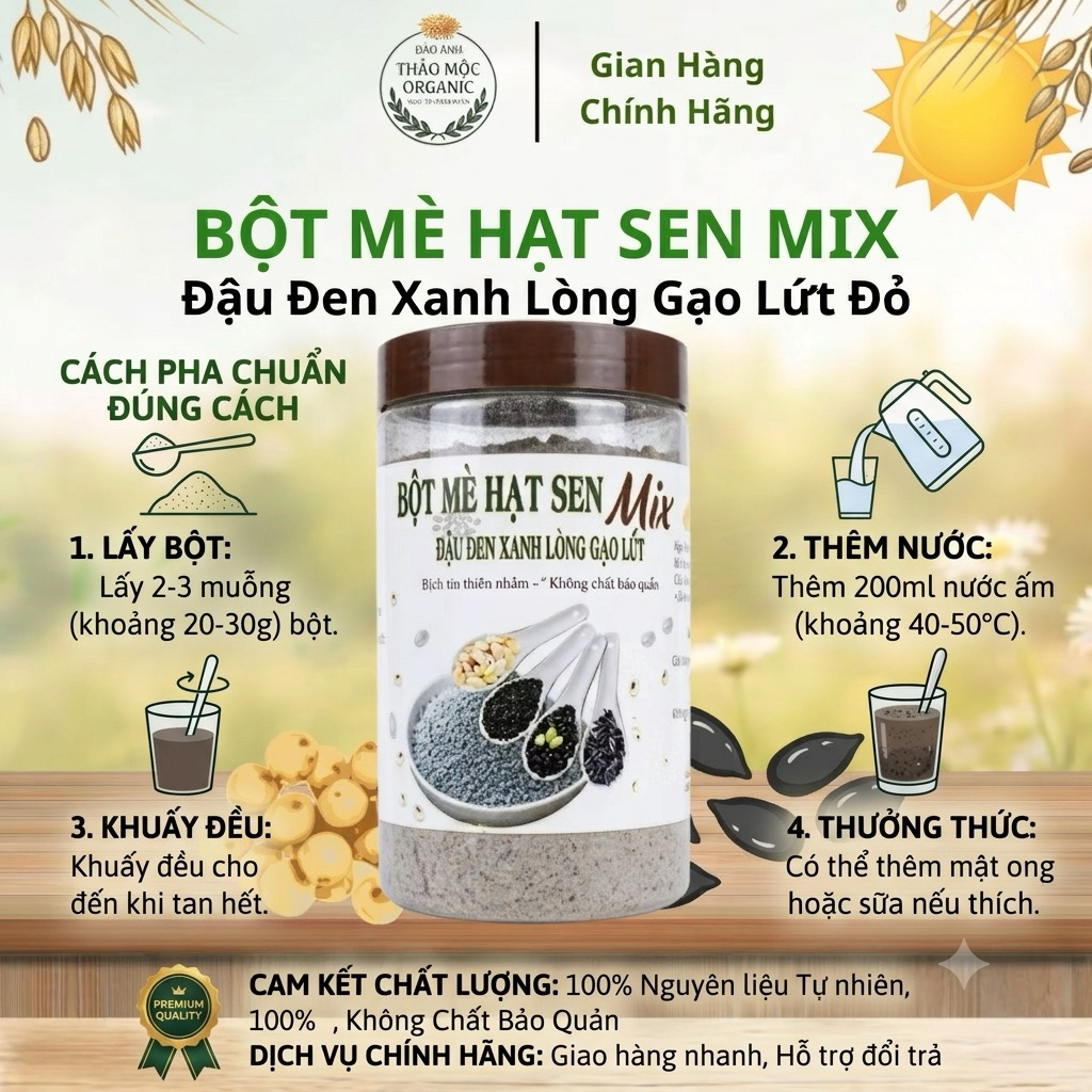 Bột Mè Đen Hạt Sen Mix Đậu Đen Gạo Lứt Chăm Sóc Tóc Giữ Dáng Hũ 500g - Thảo Mộc Organic