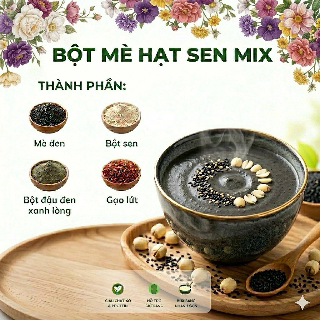 Bột Mè Đen Hạt Sen Mix Đậu Đen Gạo Lứt Chăm Sóc Tóc Giữ Dáng Hũ 500g - Thảo Mộc Organic