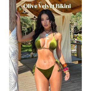 Bộ Bikini Xanh Rêu Tôn Da Vải Nhung Vibe Hoang Dã