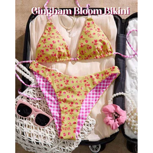 NUNG NIU - Bộ Bikini 2 Mặt Hoạ Tiết Hoa Nhí Và Caro Màu Sắc Mùa Hè