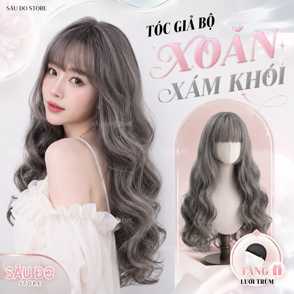 TÓC GIẢ NGUYÊN ĐẦU XOĂN DÀI XÁM KHÓI CÓ MÁI LƯỚI HOA CAO CẤP 💕 TẶNG LƯỚI TRÙM TÓC THẬT