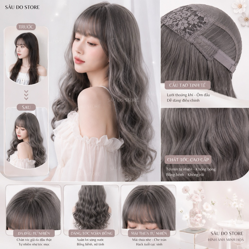 TÓC GIẢ NGUYÊN ĐẦU XOĂN DÀI XÁM KHÓI CÓ MÁI LƯỚI HOA CAO CẤP 💕 TẶNG LƯỚI TRÙM TÓC THẬT