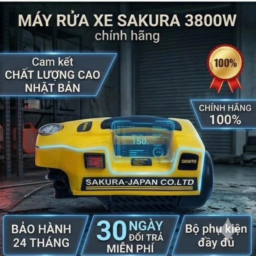 [ BH 24 THÁNG ] Máy rửa xe, sân vườn Sakura Áp Lực Cao - Lõi đồng 100% - Tặng kèm Bình Tạo Bọt Tuyết