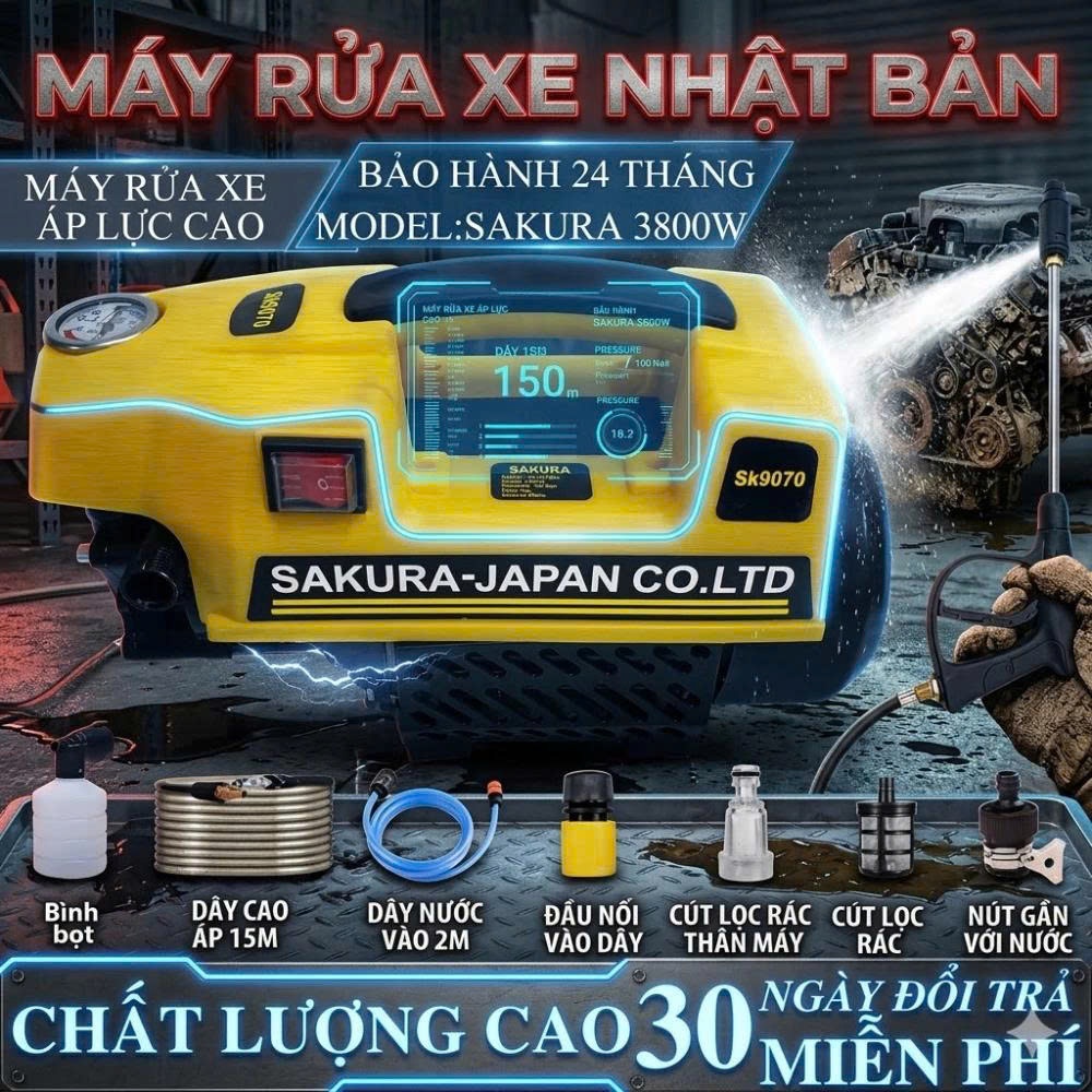 [ BH 24 THÁNG ] Máy rửa xe, sân vườn Sakura Áp Lực Cao - Lõi đồng 100% - Tặng kèm Bình Tạo Bọt Tuyết