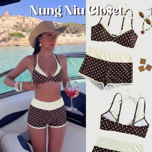 NUNG NIU - Bikini Phối 2 Mảnh Chấm Bi Viền Kem Nhạt Đi Biển Mùa Hè