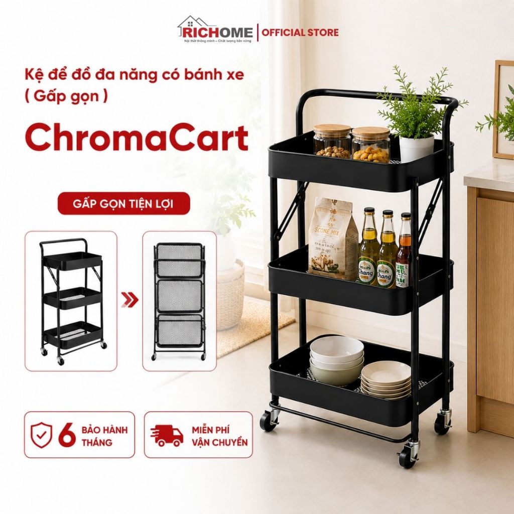Kệ để đồ đa năng, kệ để đồ gấp gọn có bánh xe, kệ đẩy spa RICHOME SH568, kệ spa chất liệu kim loại cao cấp