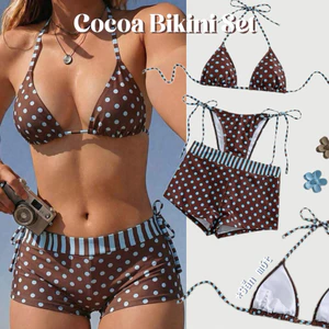 NUNG NIU - Set Bikini 3 Món 𝐂𝐨𝐜𝐨𝐚 Chấm Bi Phong Cách Retro