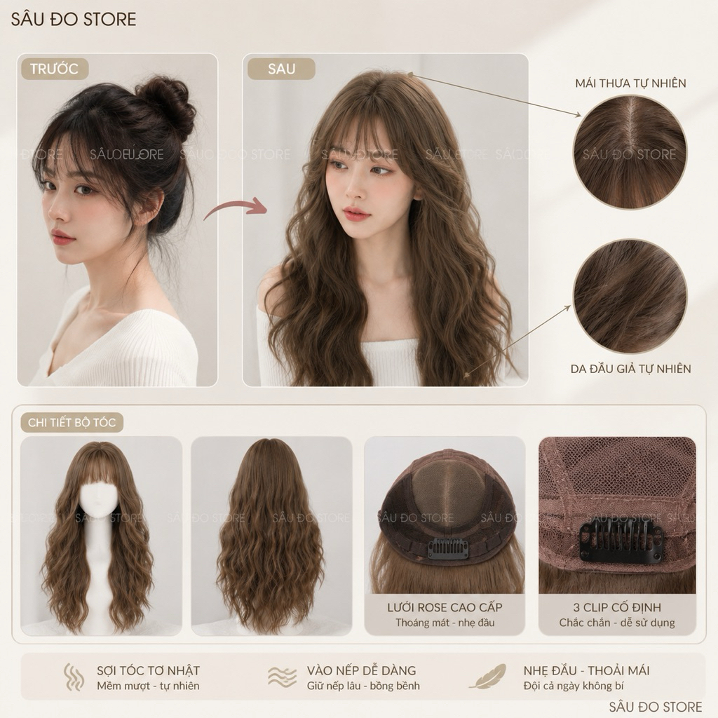[Top siêu rẻ] Bộ xoăn sóng nước tóc giả cho nữ tặng lưới trùm tóc thật
