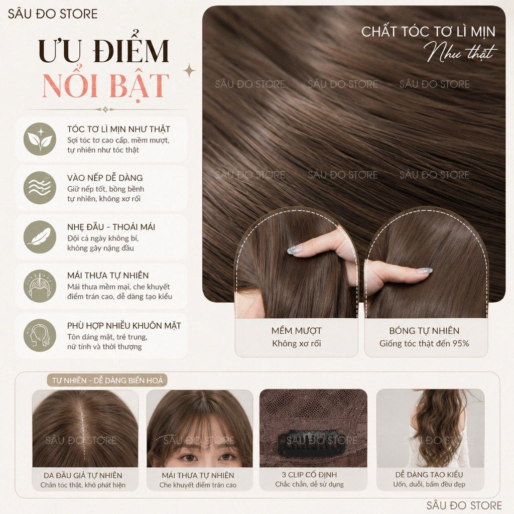 [Top siêu rẻ] Bộ xoăn sóng nước tóc giả cho nữ tặng lưới trùm tóc thật