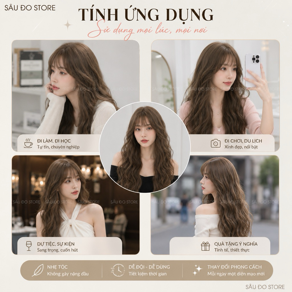 [Top siêu rẻ] Bộ xoăn sóng nước tóc giả cho nữ tặng lưới trùm tóc thật