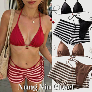 Set Bikini 3 Món Phối Quần Sọc Phong Cách Âu Mỹ