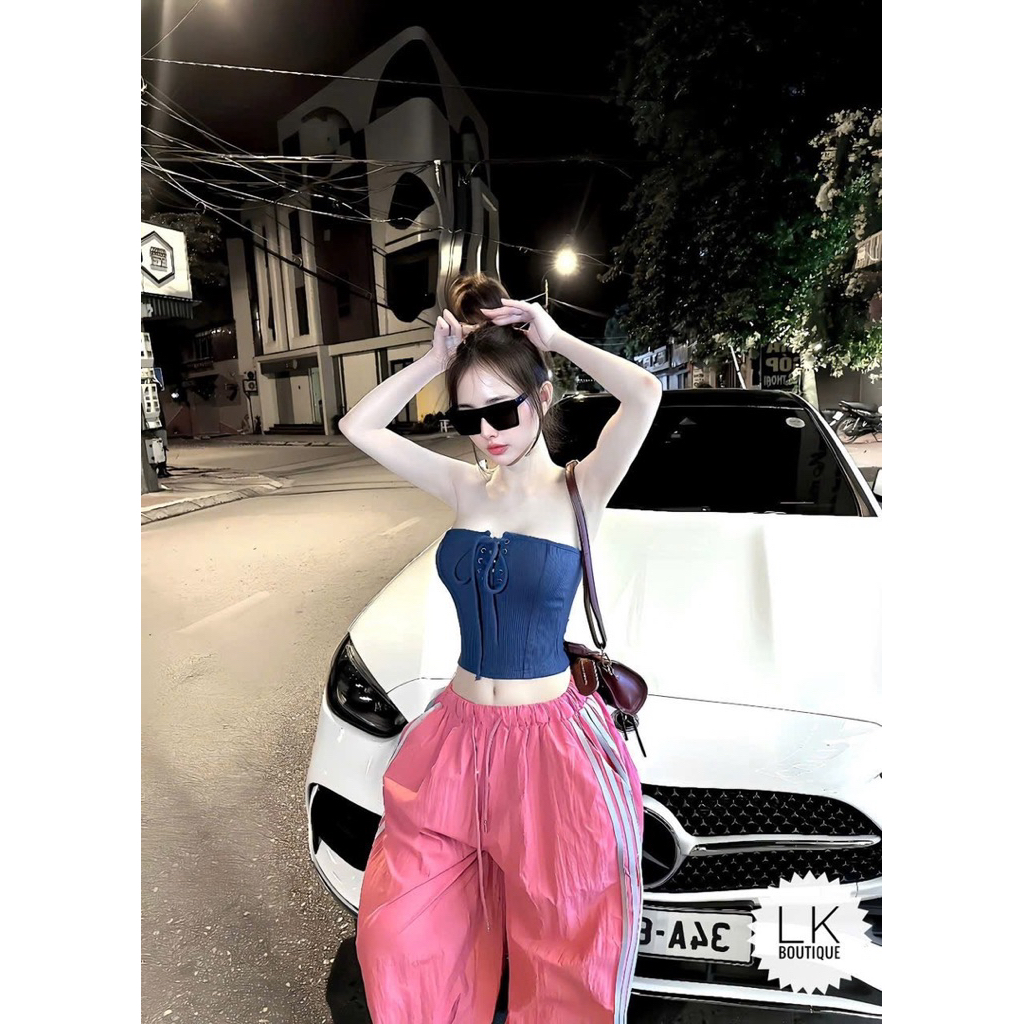 Set áo quây đan dây ngực quần xuông phối kẻ sọc
