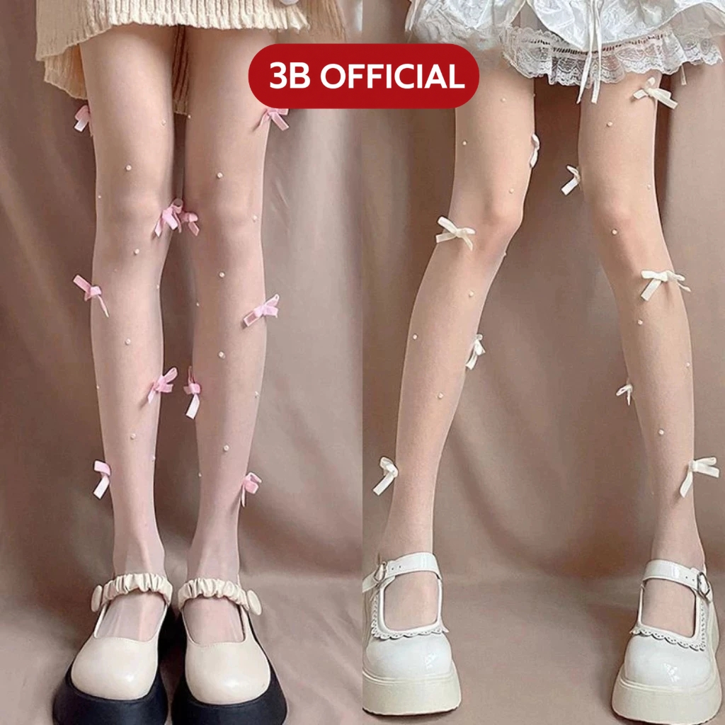 Quần tất lụa siêu mỏng đính nơ ngọc trai phong cách lolita Nhật Bản