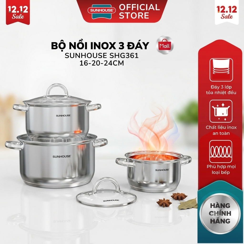 Bộ nồi Inox 3 đáy Sunhouse SHG361 size 16cm-20cm-24cm - Đáy từ dùng mọi loại bếp - 3 lớp đáy