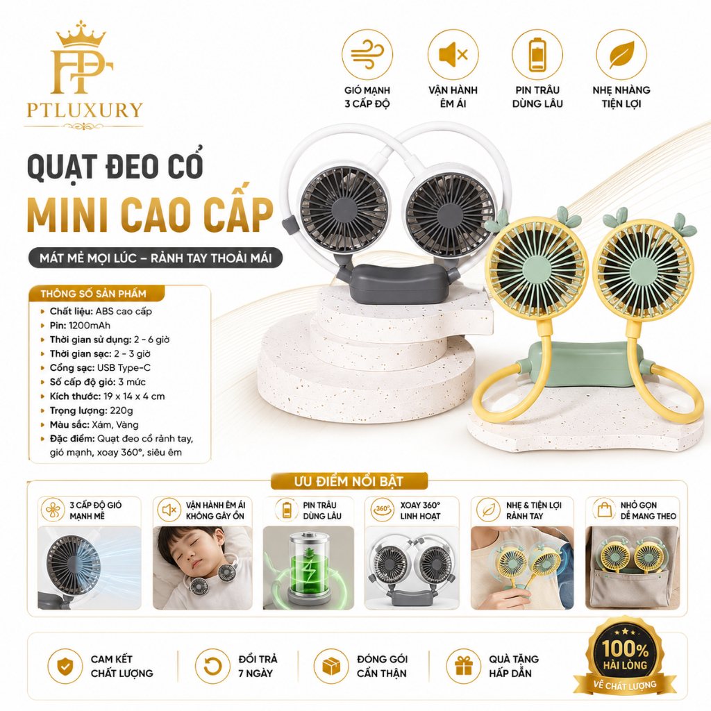 Quạt đeo cổ mini PTLUXURY tích điện 3 chế độ pin 4000mAh sạc USB tiện lợi