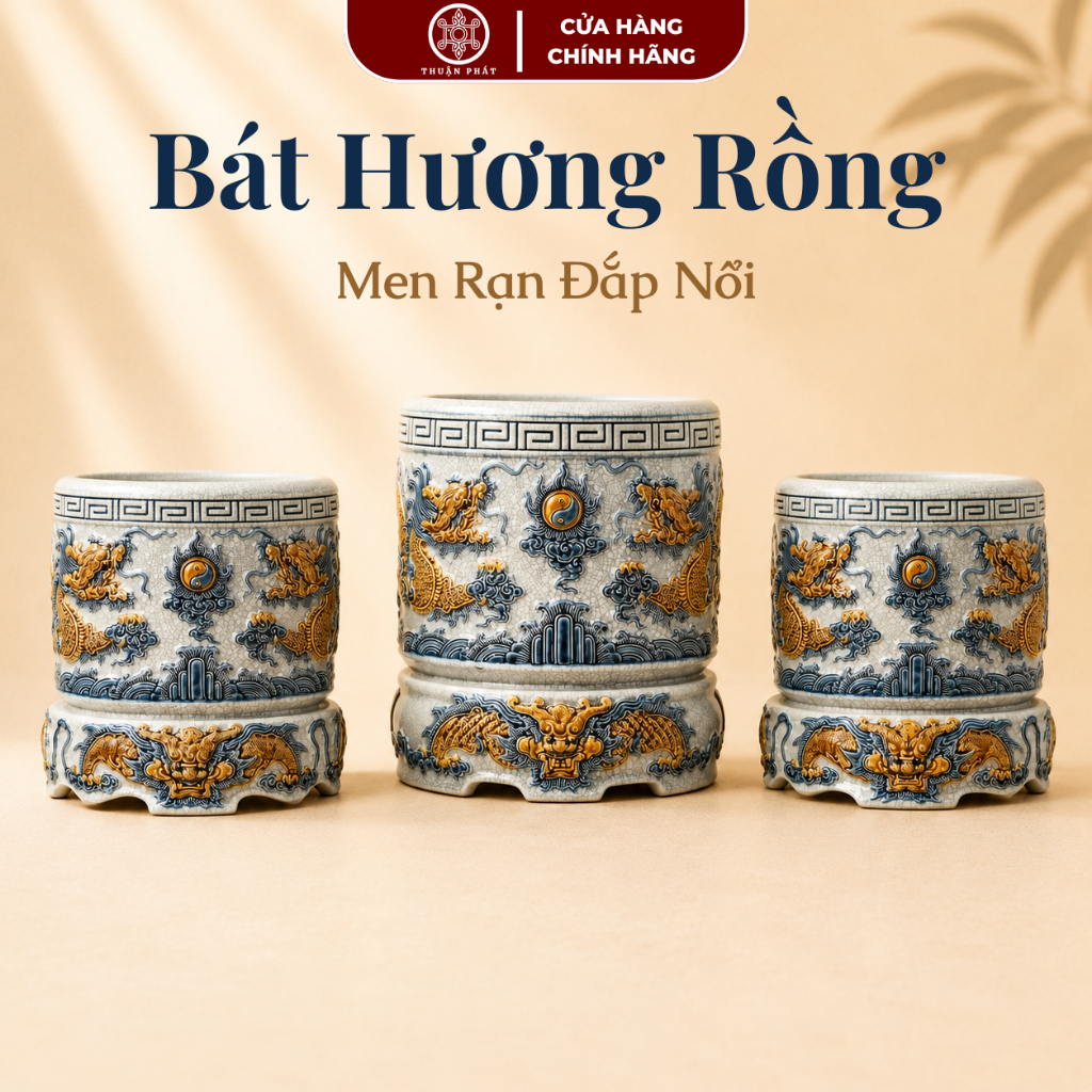 Bát Hương Men Rạn Đắp Nổi Gốm Sứ Bát Tràng - Hoạ tiết Sen Rồng (KHÔNG BAO GỒM ĐẾ) 14cm-22cm