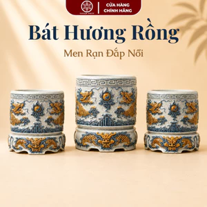 Bát Hương Men Rạn Đắp Nổi Gốm Sứ Bát Tràng - Hoạ tiết Sen Rồng (KHÔNG BAO GỒM ĐẾ) 14cm-22cm