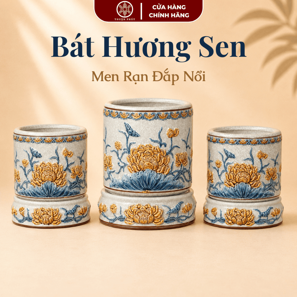 Bát Hương Men Rạn Đắp Nổi Gốm Sứ Bát Tràng - Hoạ tiết Sen Rồng (KHÔNG BAO GỒM ĐẾ) 14cm-22cm