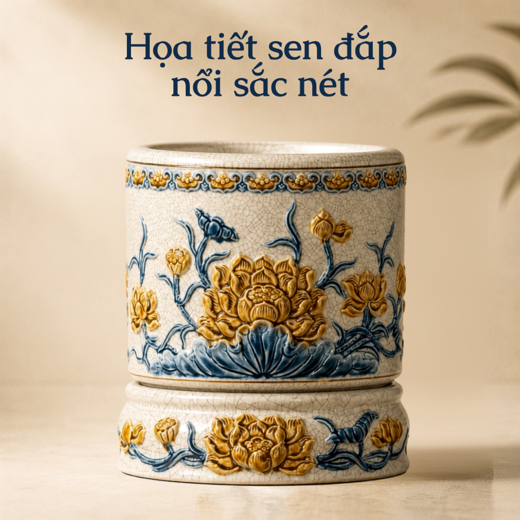Bát Hương Men Rạn Đắp Nổi Gốm Sứ Bát Tràng - Hoạ tiết Sen Rồng (KHÔNG BAO GỒM ĐẾ) 14cm-22cm