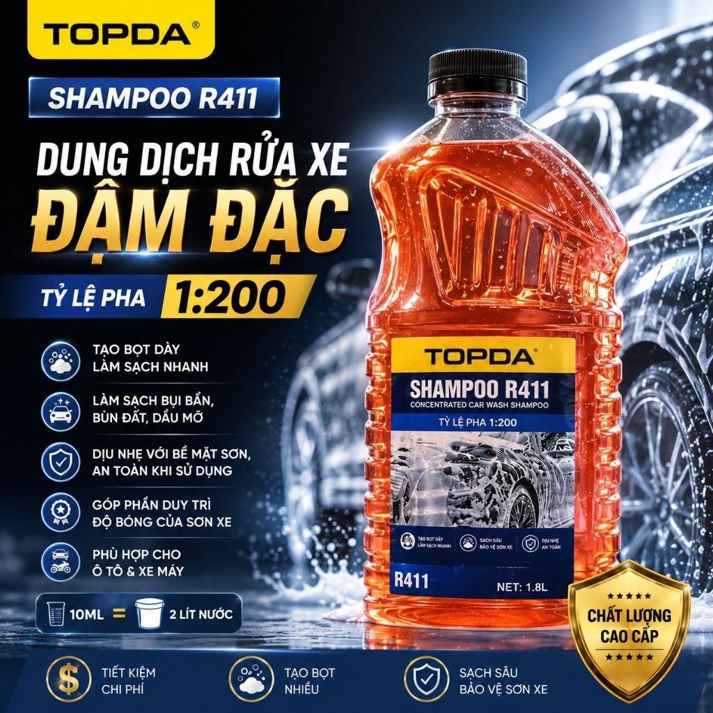 Nước Rửa Xe Ô Tô TOPDA - Bảo Vệ Nước Sơn Xe - Siêu Bọt- Siêu Tiết kiệm - Tỷ Lệ Pha 1:200