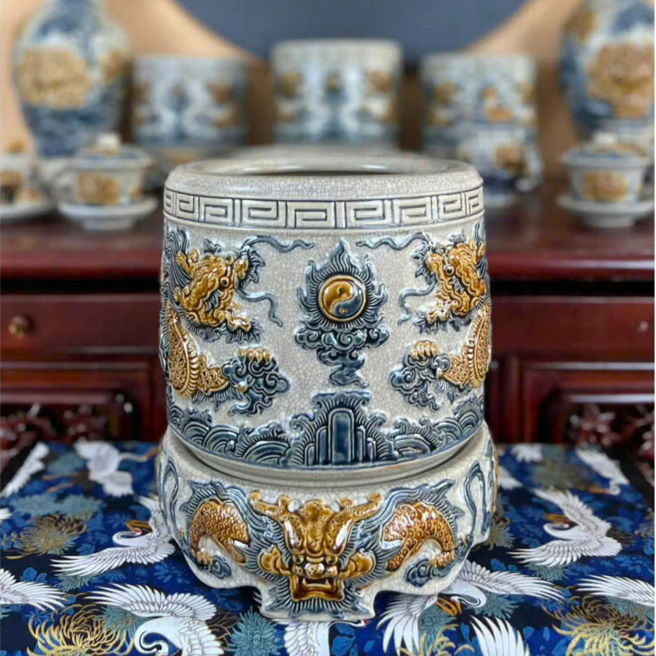 Bát Hương Men Rạn Đắp Nổi Gốm Sứ Bát Tràng - Hoạ tiết Sen Rồng (KHÔNG BAO GỒM ĐẾ) 14cm-22cm