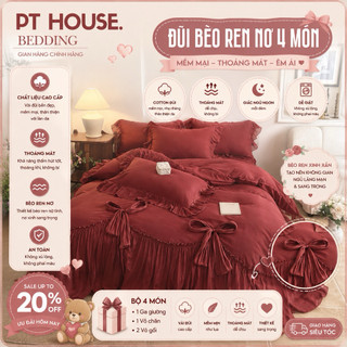 Set Chăn Ga Gối Đũi Cao Cấp Phối Ren Thắt Nơ Kiểu, Bộ Phủ Đũi Mịn Mát Sang Chảnh Cho Phòng Ngủ (Set 4 Món)