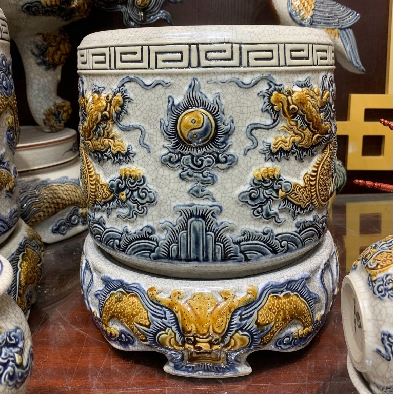 Bát Hương Men Rạn Đắp Nổi Gốm Sứ Bát Tràng - Hoạ tiết Sen Rồng (KHÔNG BAO GỒM ĐẾ) 14cm-22cm
