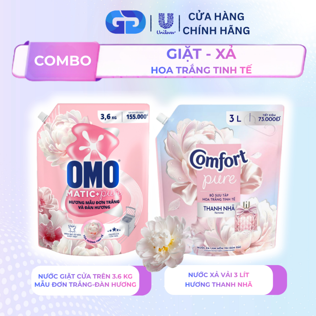 Combo OMO Matic Pure 3.6KG ĐH + Comfort Pure Thanh Nhã 3L -Hương Hoa Trắng Tinh Tế Giặt Sạch Xả Thơm