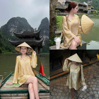Váy Đầm Tơ Gấm Khuy Tàu Cổ Lệch Mix Tay Dài Babydoll Khanhle