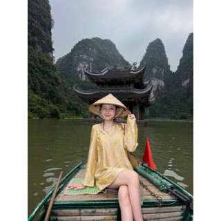 Váy Đầm Tơ Gấm Khuy Tàu Cổ Lệch Mix Tay Dài Babydoll Khanhle