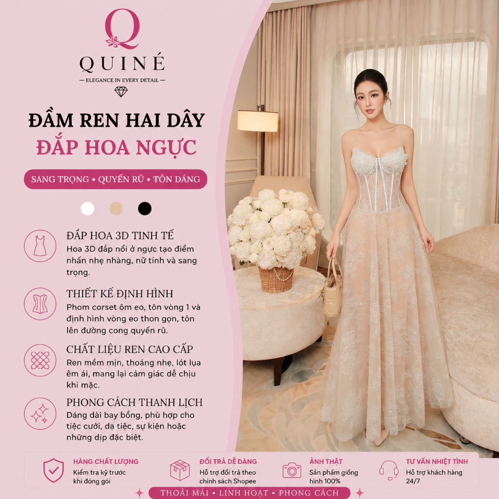 Đầm Ren Hai Dây Đắp Hoa Ngực Sang Trọng Cao Cấp - Váy Dự Tiệc Tôn Dáng Quyến Rũ Thanh Lịch Cho Nữ