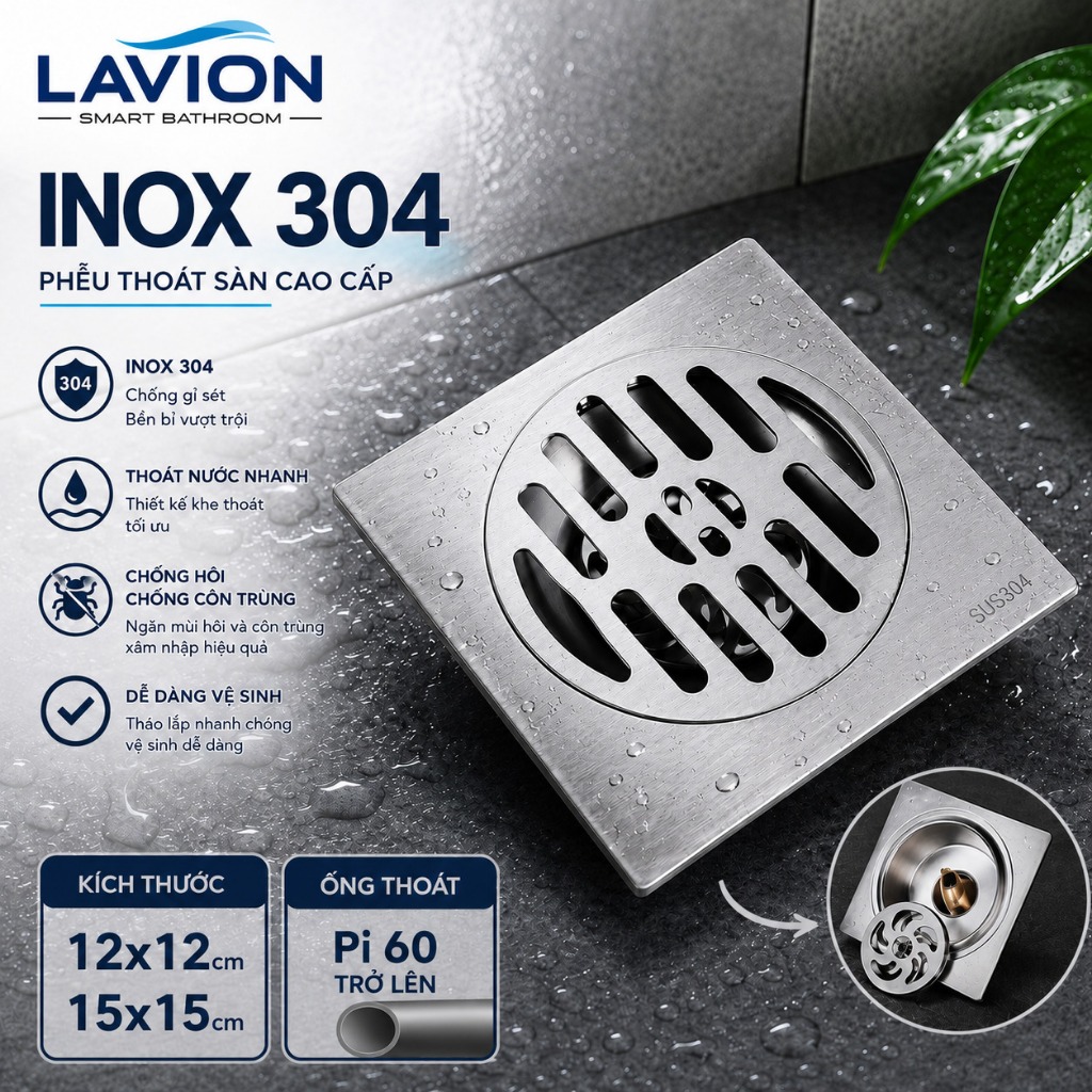 PHỄU THOÁT SÀN INOX 304 CHỐNG HÔI, CHỐNG CÔN TRÙNG – KÍCH THƯỚC 12x12 & 15x15