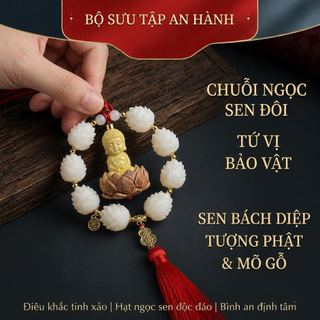 [BST An Hành 2] Khánh Treo Ô Tô Bạch Ngọc Khắc Hoa Sen Tượng Phật Bản Mệnh - Dây Treo Xe Hơi Chuỗi Hạt Bồ Đề Bình An